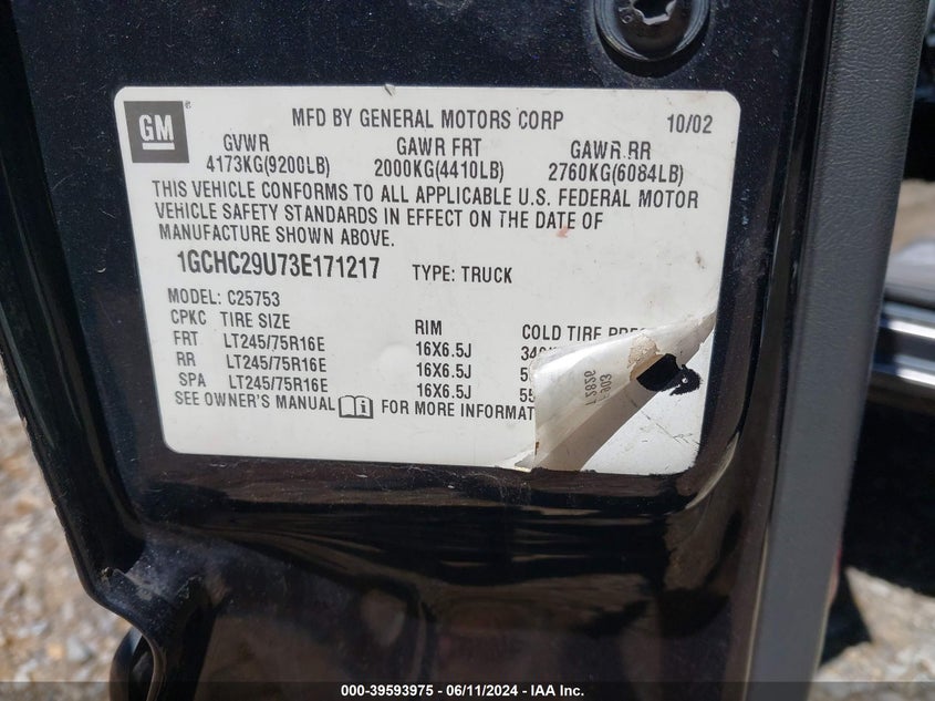 2003 Chevrolet Silverado 2500Hd Ls VIN: 1GCHC29U73E171217 Lot: 39593975