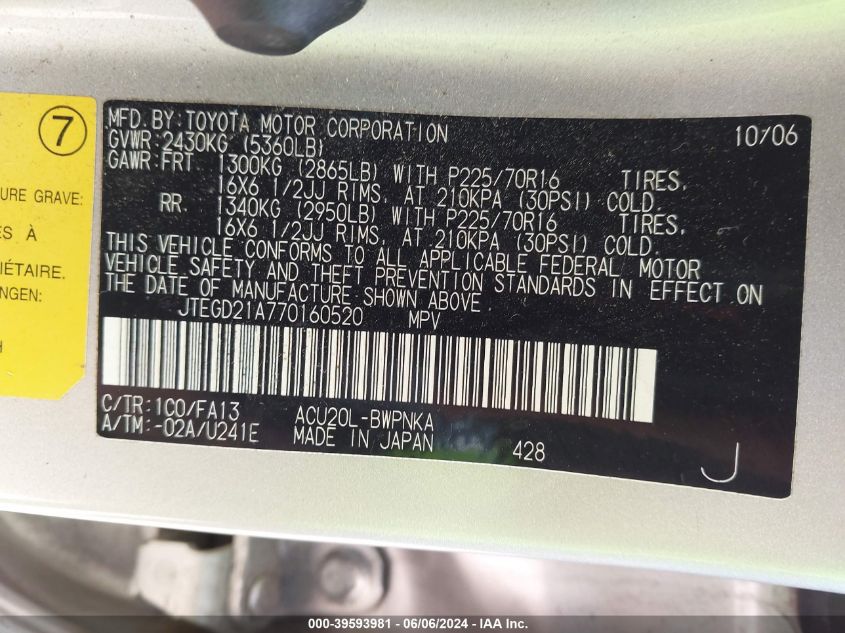 2007 Toyota Highlander VIN: JTEGD21A770160520 Lot: 39593981