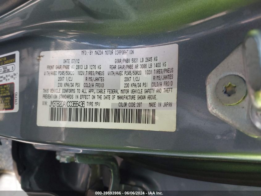 2012 Mazda Cx-9 Grand Touring VIN: JM3TB2DAXC0366436 Lot: 39593986