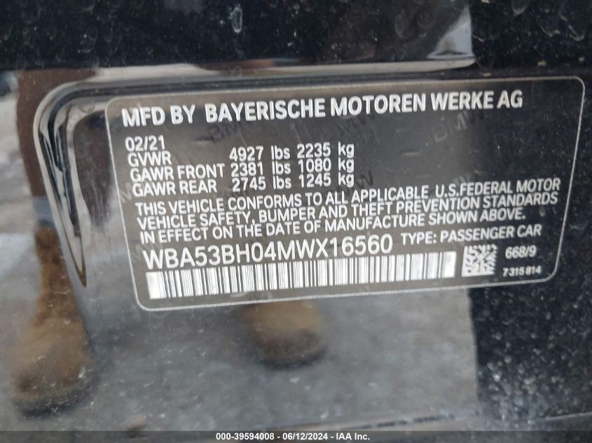 2021 BMW 530I VIN: WBA53BH04MWX16560 Lot: 39594008