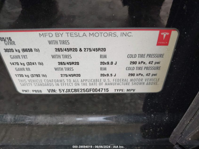 2016 Tesla Model X 60D/70D/75D/90D/P100D VIN: 5YJXCBE25GF004715 Lot: 39594019