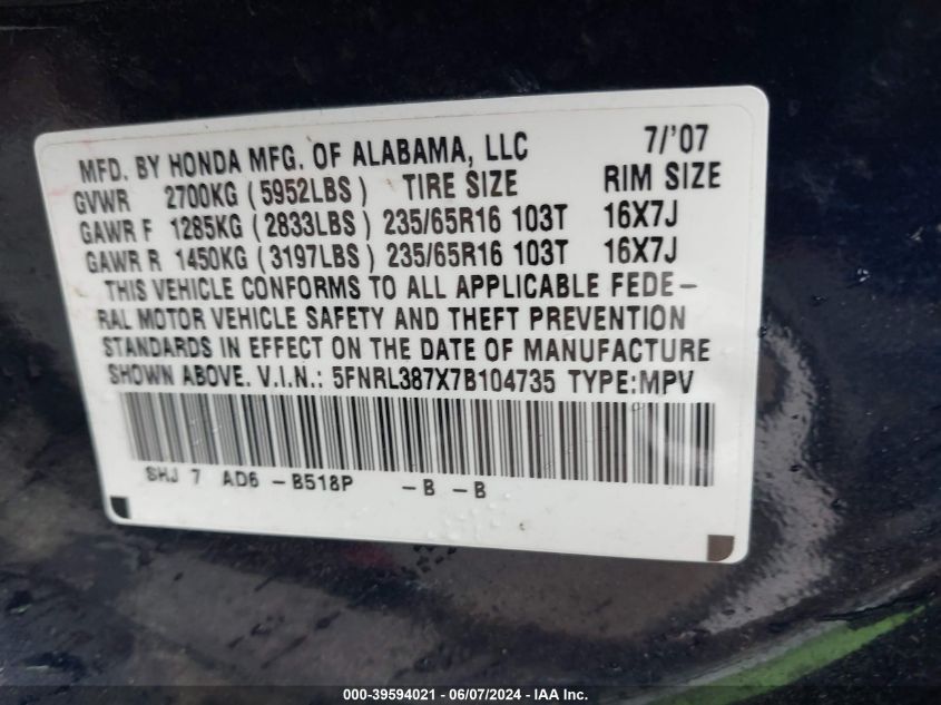 2007 Honda Odyssey Ex-L VIN: 5FNRL387X7B104735 Lot: 39594021