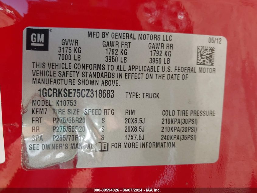 2012 Chevrolet Silverado 1500 Lt VIN: 1GCRKSE75CZ318683 Lot: 39594026