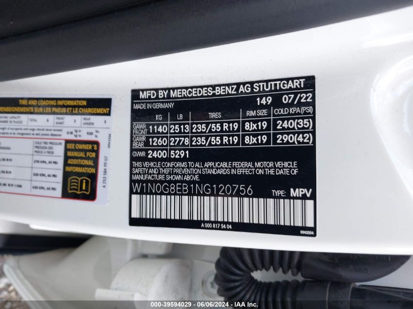 2022 Mercedes-Benz Glc 300 4Matic Suv VIN: W1N0G8EB1NG120756 Lot: 39594029