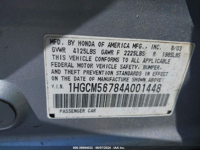 2004 Honda Accord 2.4 Ex VIN: 1HGCM56784A001448 Lot: 39594032