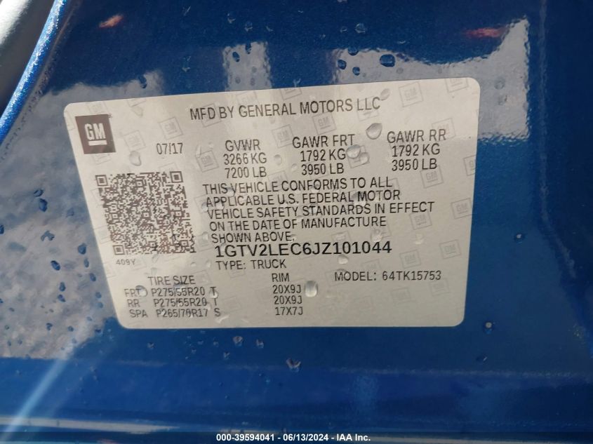 2018 GMC Sierra 1500 VIN: 1GTV2LEC6JZ101044 Lot: 39594041