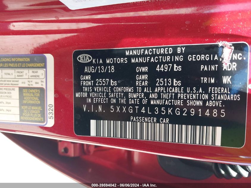 2019 Kia Optima S VIN: 5XXGT4L35KG291485 Lot: 39594042