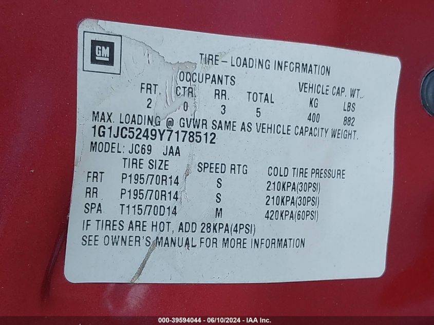 2000 Chevrolet Cavalier VIN: 1G1JC5249Y7178512 Lot: 39594044