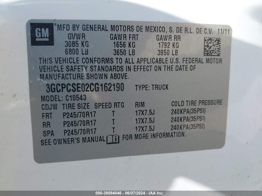 2012 Chevrolet Silverado 1500 Lt VIN: 3GCPCSE02CG162190 Lot: 39594046