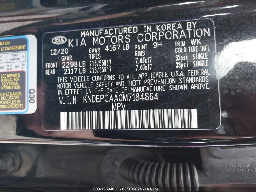 2021 Kia Seltos Lx VIN: KNDEPCAA0M7184864 Lot: 39594050