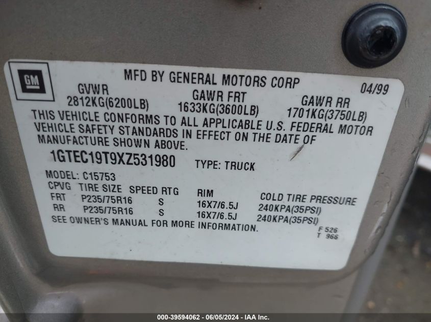 1999 GMC Sierra 1500 Sl VIN: 1GTEC19T9XZ531980 Lot: 39594062