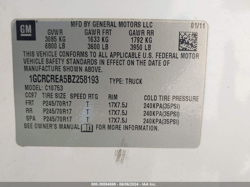 2011 Chevrolet Silverado 1500 Ls VIN: 1GCRCREA5BZ258193 Lot: 39594069
