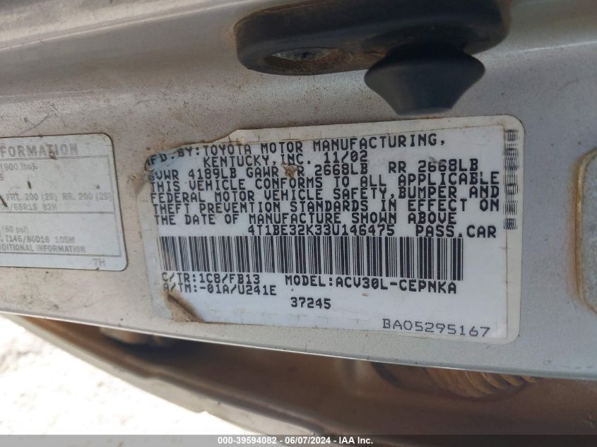 2003 Toyota Camry Le VIN: 4T1BE32K33U146475 Lot: 39594082