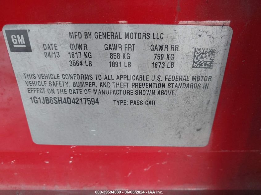 2013 Chevrolet Sonic Ls Manual VIN: 1G1JB6SH4D4217594 Lot: 39594089