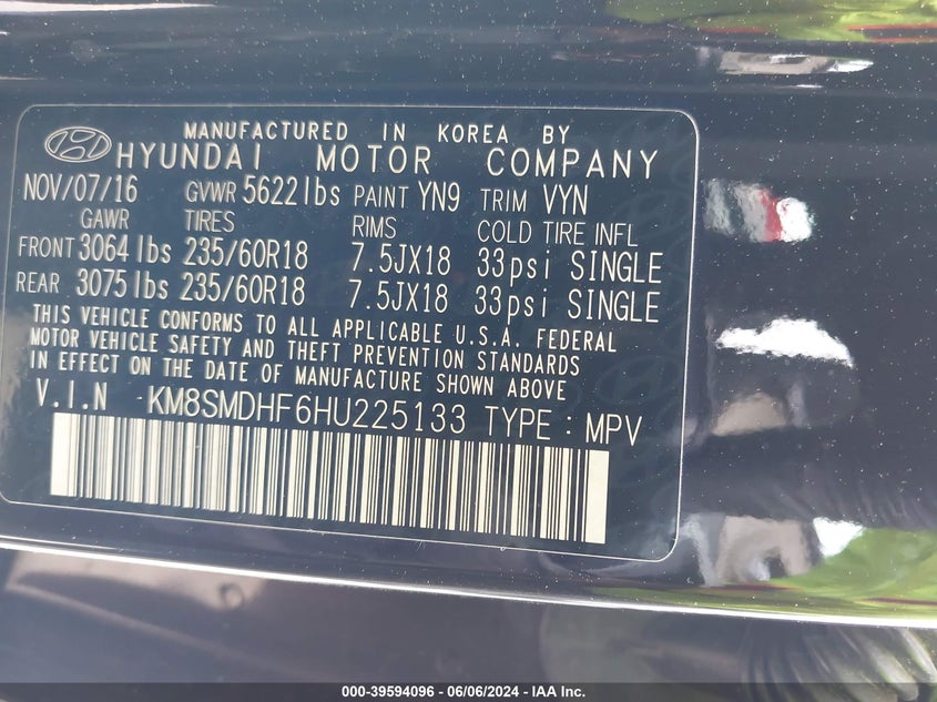 2017 Hyundai Santa Fe Se VIN: KM8SMDHF6HU225133 Lot: 39594096