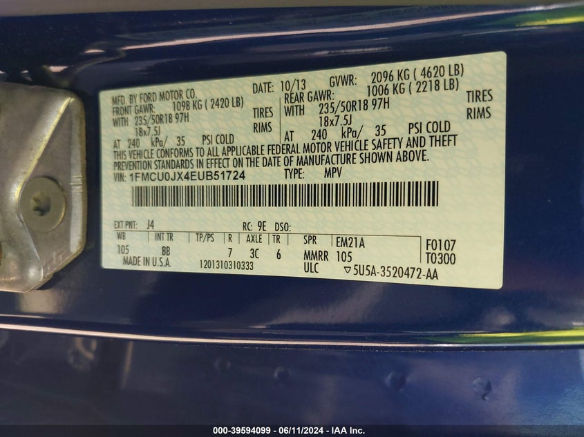 2014 Ford Escape Titanium VIN: 1FMCU0JX4EUB51724 Lot: 39594099