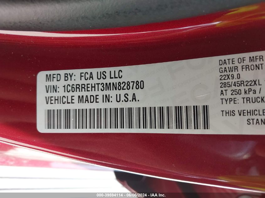 2021 Ram 1500 Limited 4X2 5'7 Box VIN: 1C6RREHT3MN828780 Lot: 39594114