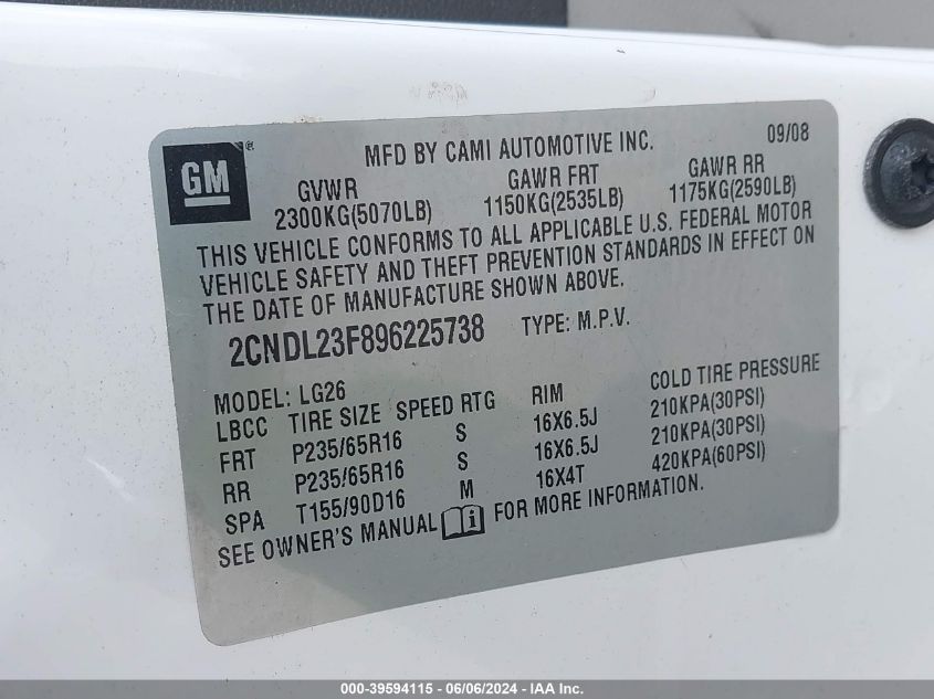 2009 Chevrolet Equinox Ls VIN: 2CNDL23F896225738 Lot: 39594115