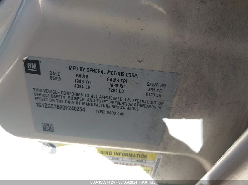 2009 Chevrolet Malibu Ls VIN: 1G1ZG57B99F240254 Lot: 39594124