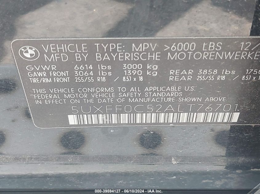 2010 BMW X5 xDrive35D VIN: 5UXFF0C52ALT76701 Lot: 39594127