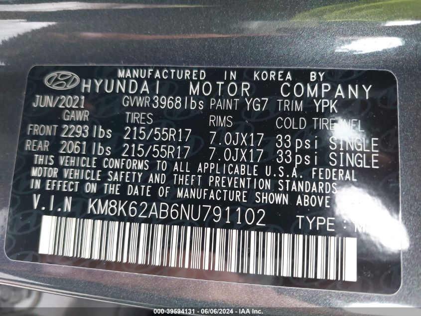 2022 Hyundai Kona Sel VIN: KM8K62AB6NU791102 Lot: 39594131