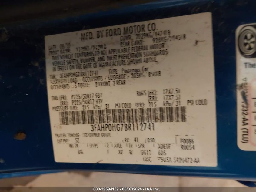 2011 Ford Fusion Se VIN: 3FAHP0HG7BR112741 Lot: 39594132