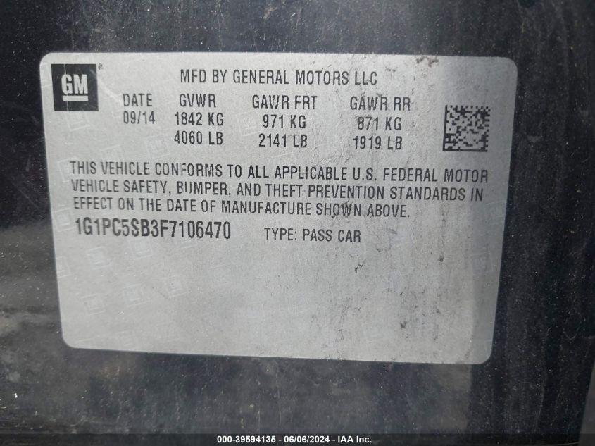 2015 Chevrolet Cruze 1Lt Auto VIN: 1G1PC5SB3F7106470 Lot: 39594135