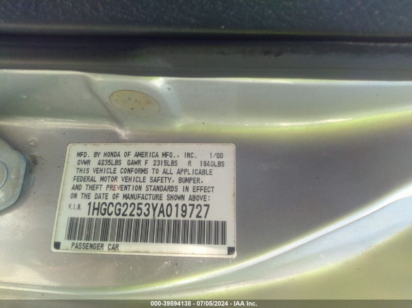2000 Honda Accord 3.0 Ex VIN: 1HGCG2253YA019727 Lot: 39594138