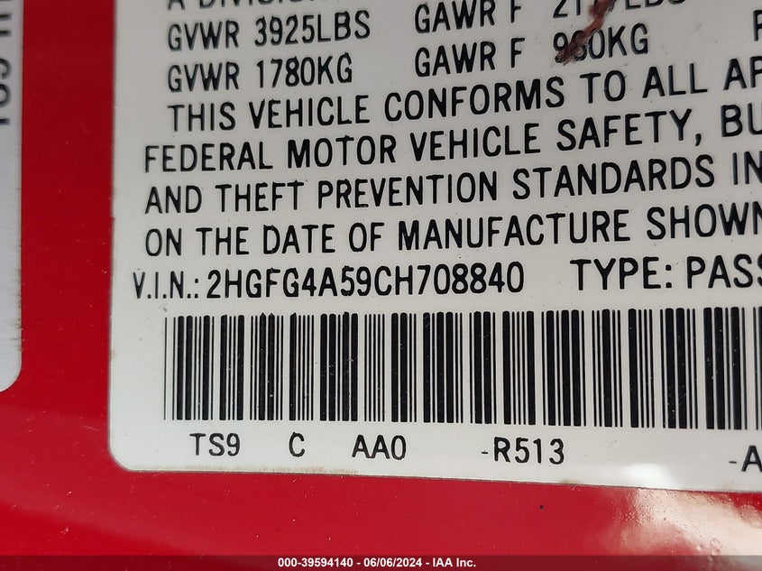 2012 Honda Civic Si VIN: 2HGFG4A59CH708840 Lot: 39594140