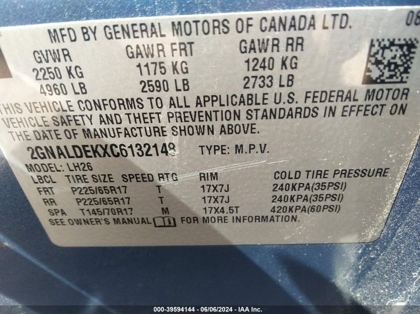 2012 Chevrolet Equinox 1Lt VIN: 2GNALDEKXC6132148 Lot: 39594144