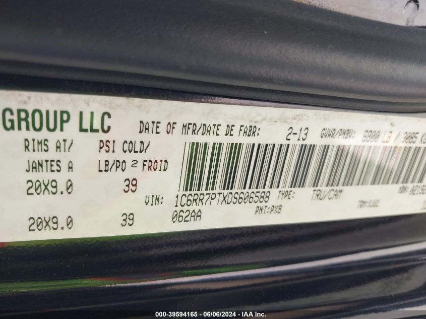 2013 Ram 1500 Laramie Longhorn VIN: 1C6RR7PTXDS606588 Lot: 39594165