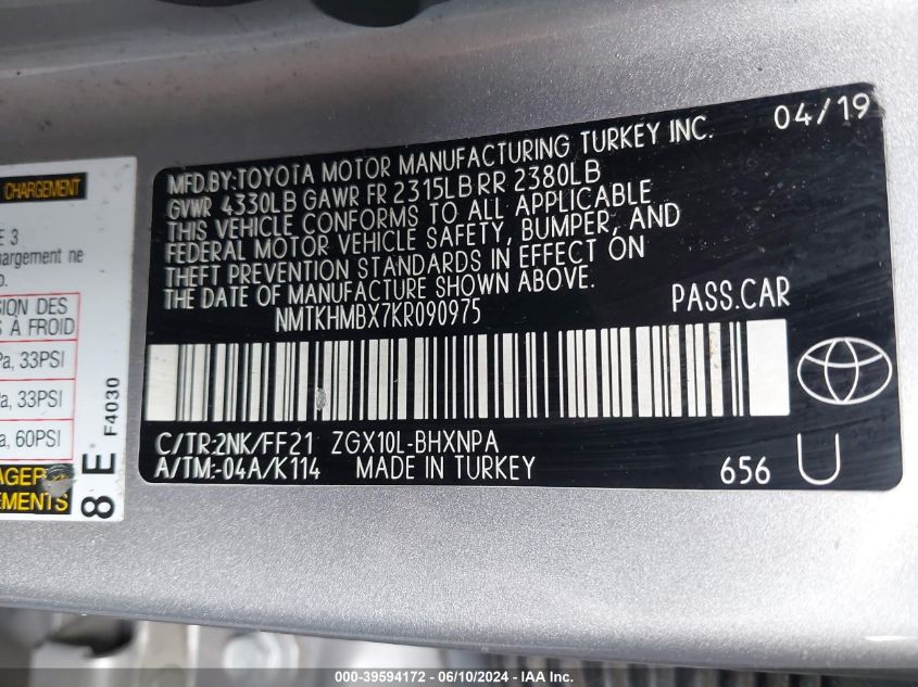 2019 Toyota C-Hr Xle VIN: NMTKHMBX7KR090975 Lot: 39594172