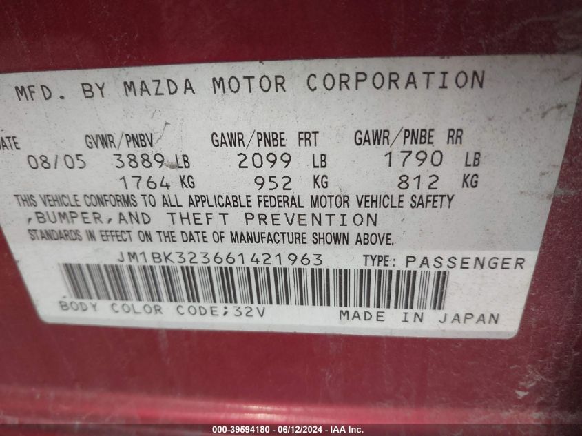 2006 Mazda Mazda3 S Grand Touring VIN: JM1BK323661421963 Lot: 39594180