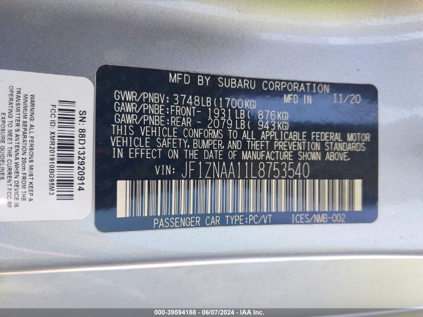 2020 Toyota 86 VIN: JF1ZNAA11L8753540 Lot: 39594188