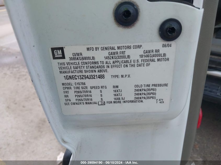 2004 Chevrolet Tahoe Ls VIN: 1GNEC13Z94J321488 Lot: 39594190
