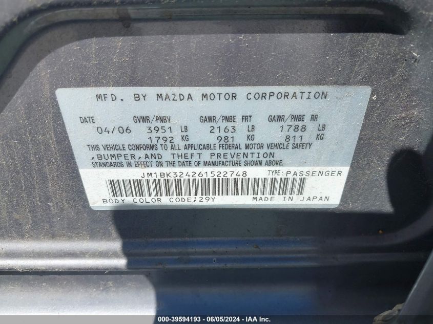 2006 Mazda Mazda3 S VIN: JM1BK324261522748 Lot: 39594193