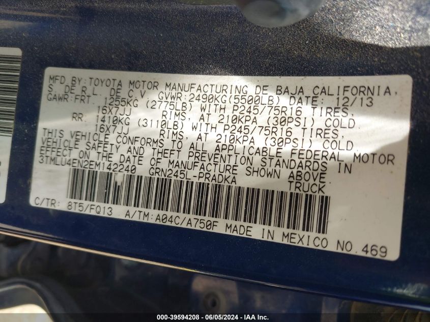 2014 Toyota Tacoma Base V6 VIN: 3TMLU4EN2EM142240 Lot: 39594208