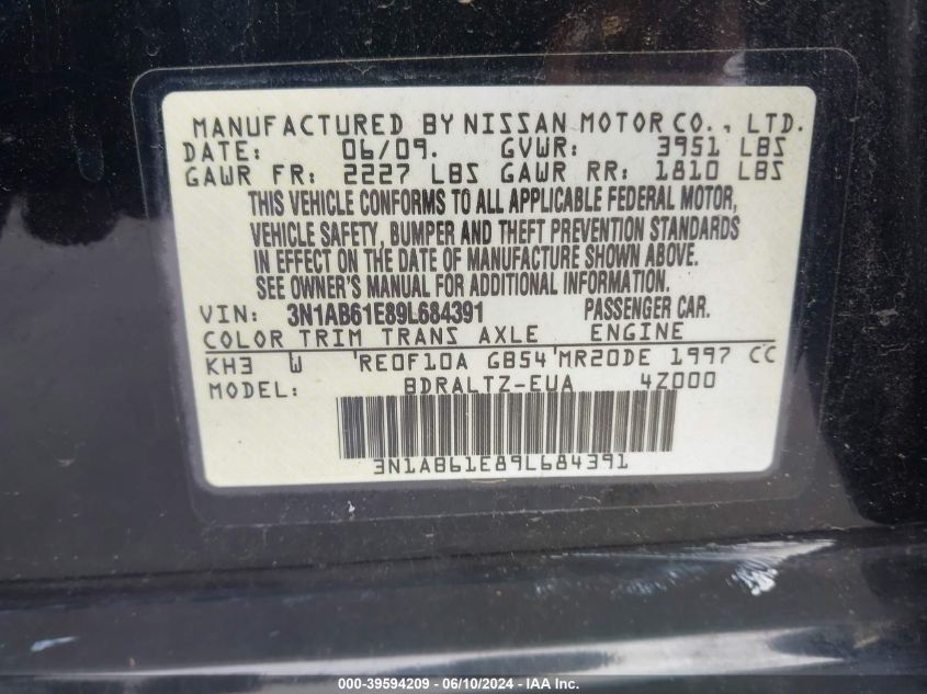 2009 Nissan Sentra 2.0S VIN: 3N1AB61E89L684391 Lot: 39594209