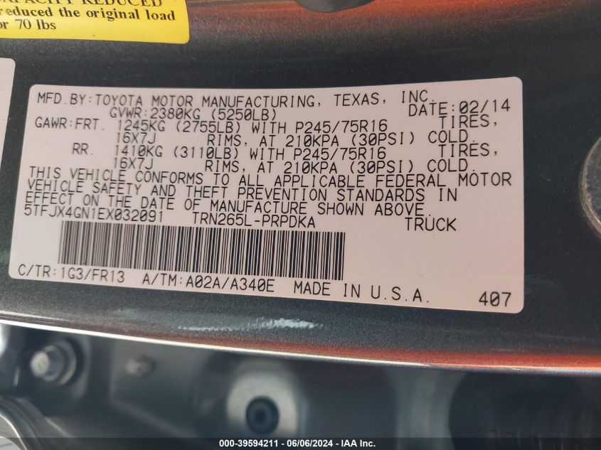 2014 Toyota Tacoma Prerunner VIN: 5TFJX4GN1EX032091 Lot: 39594211