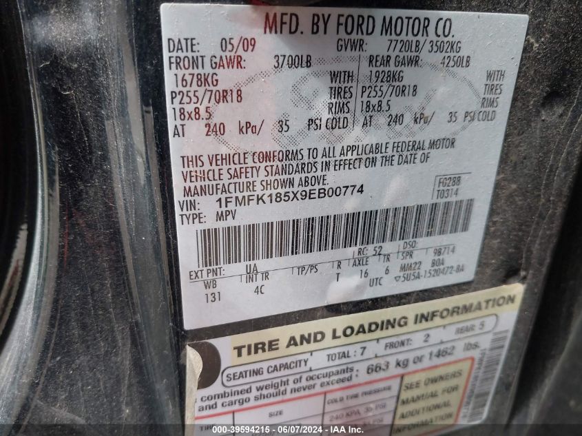 2009 Ford Expedition El Eddie Bauer/King Ranch VIN: 1FMFK185X9EB00774 Lot: 39594215