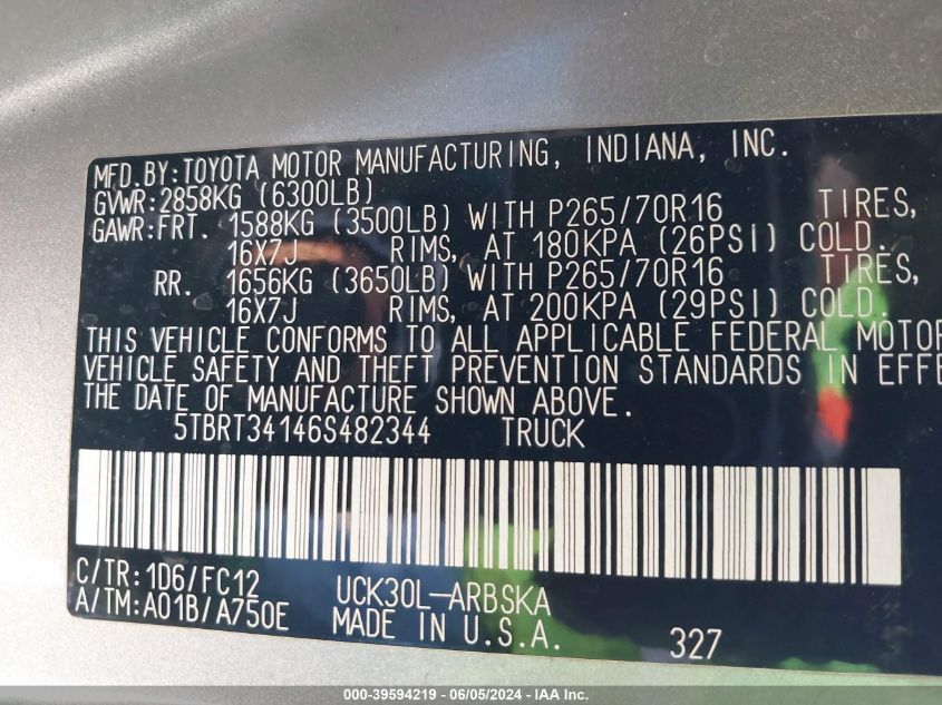 2006 Toyota Tundra Sr5 V8 VIN: 5TBRT34146S482344 Lot: 39594219