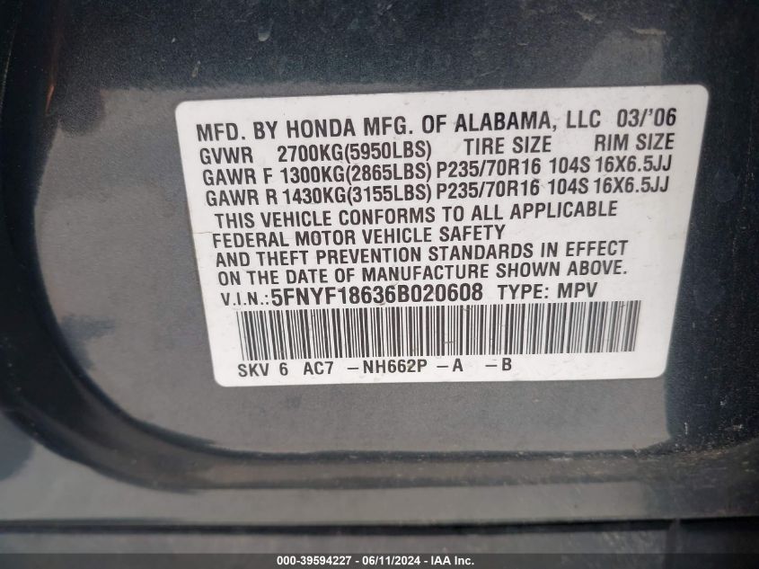 2006 Honda Pilot Ex-L VIN: 5FNYF18636B020608 Lot: 39594227