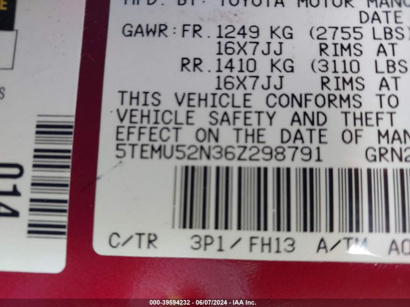 2006 Toyota Tacoma Base V6 VIN: 5TEMU52N36Z298791 Lot: 39594232
