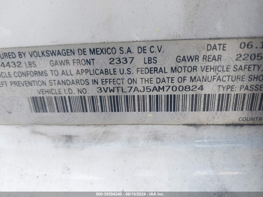 2010 Volkswagen Jetta Tdi VIN: 3VWTL7AJ5AM700824 Lot: 39594240