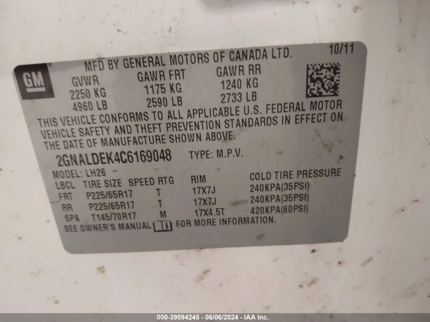 2012 Chevrolet Equinox 1Lt VIN: 2GNALDEK4C6169048 Lot: 39594245