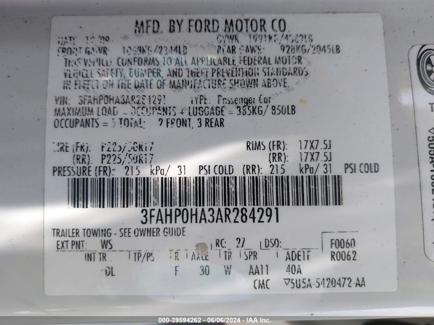 2010 Ford Fusion Se VIN: 3FAHP0HA3AR284291 Lot: 39594262