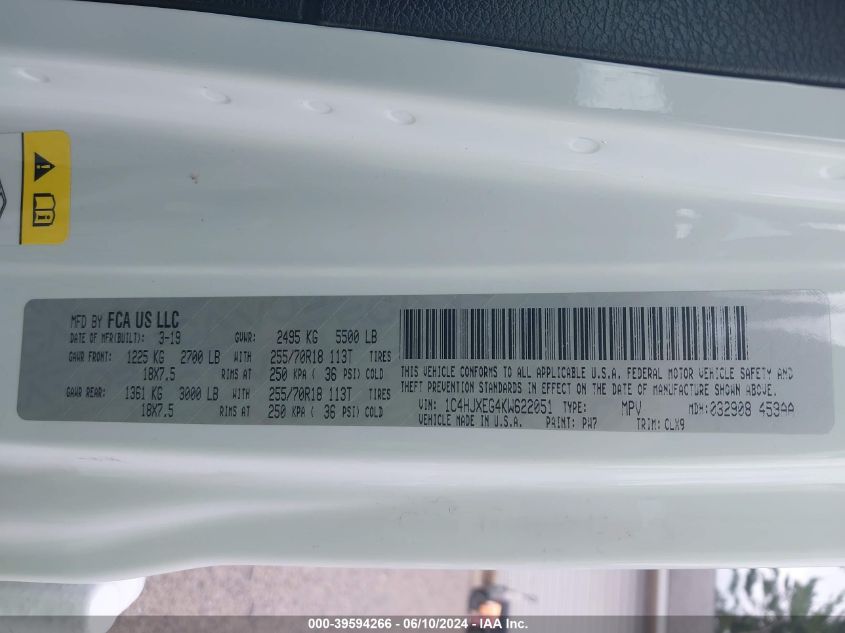 2019 Jeep Wrangler Unlimited Sahara 4X4 VIN: 1C4HJXEG4KW622051 Lot: 39594266