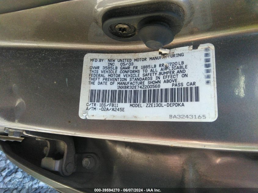 2004 Toyota Corolla Ce VIN: 1NXBR32E74Z200568 Lot: 39594270