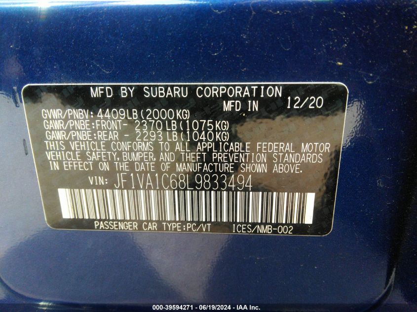 2020 Subaru Wrx Premium VIN: JF1VA1C68L9833494 Lot: 39594271