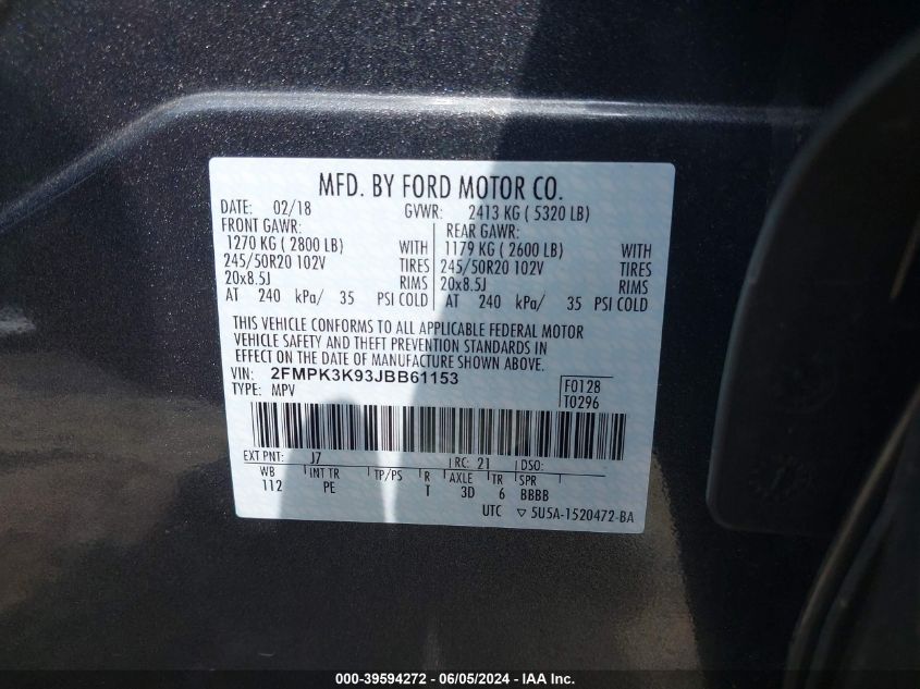 2018 Ford Edge Titanium VIN: 2FMPK3K93JBB61153 Lot: 39594272